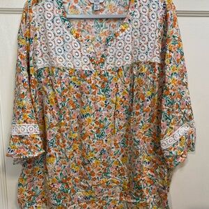 croft & barrow Floral Crochet Yoke Pullover - Yellow, Pink, Green